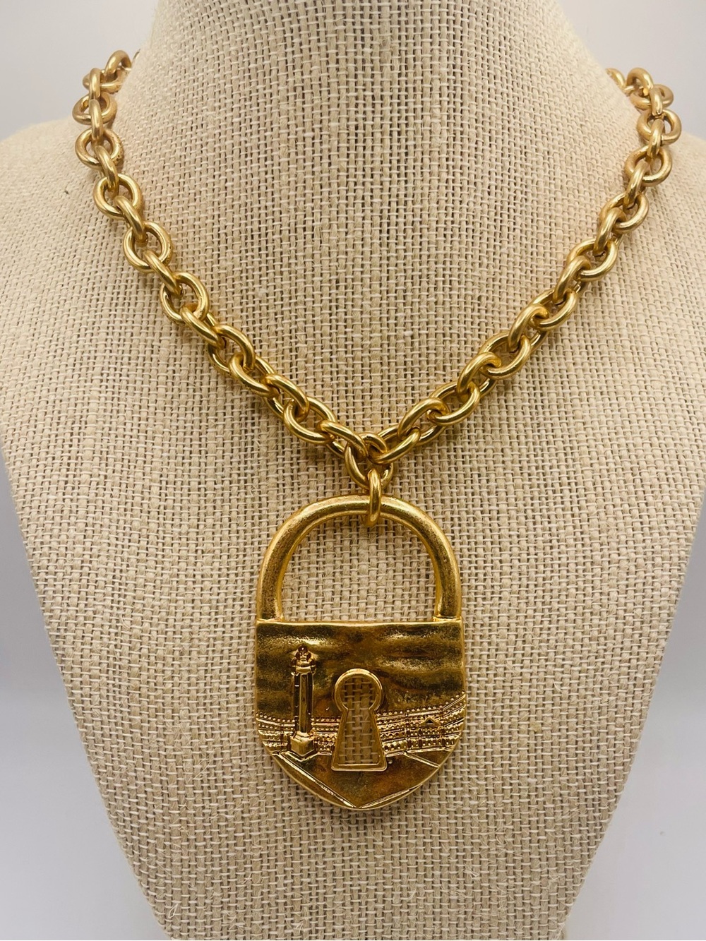 Gold Hammered Padlock chain necklace